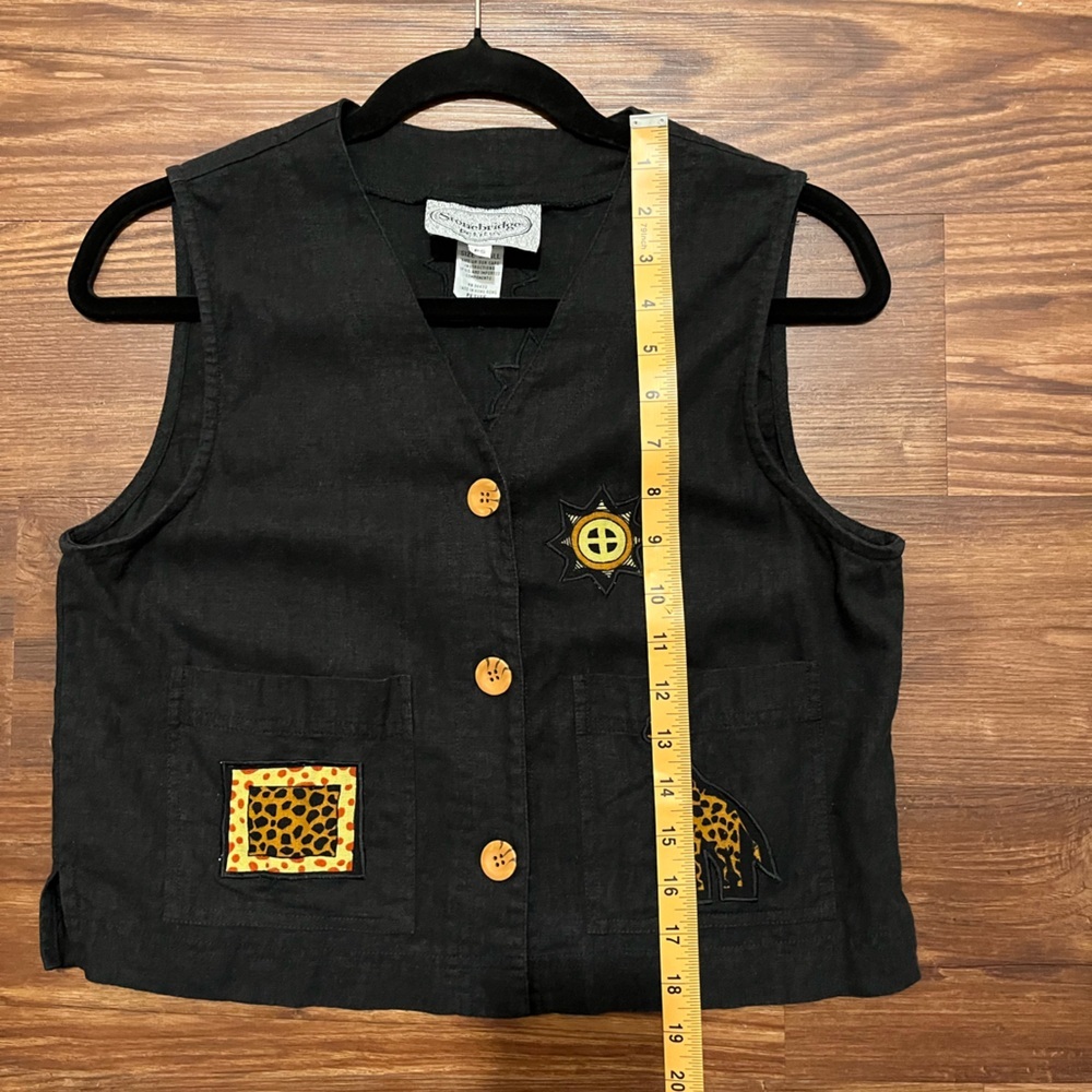 Vintage Stonebridge Linen Blend Black Novelty Artsy Vest Safari Animals Size S/P - Picture 10 of 12